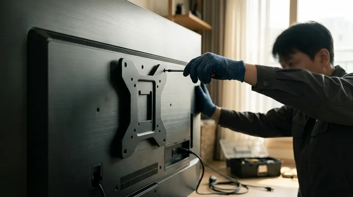 A Korean installer's gloved hand attaching a mounting bracket to the back of a large display.