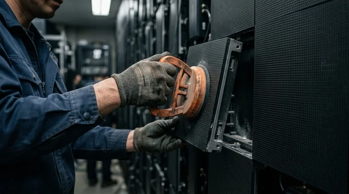 A maintenance worker uses a suction cup tool to remove a front module from an LED panel.