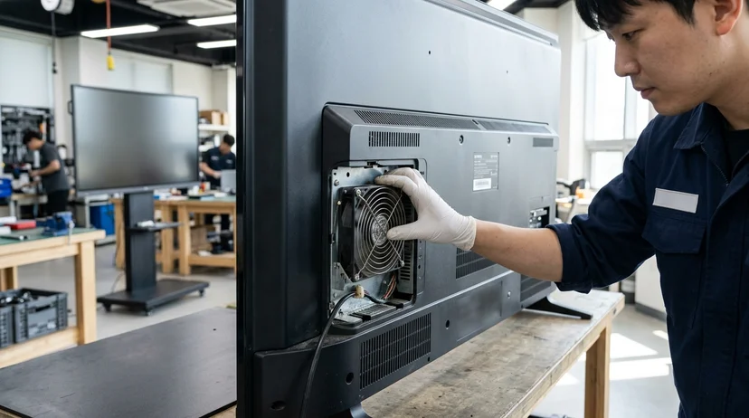 A Korean technician's gloved hand checking the air circulation fan on the back of a commercial large display.