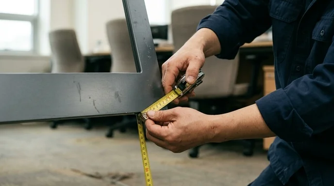 A Korean technician's hands using a yellow measuring tape to check the height of a screen frame in an office.