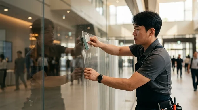 A Korean installer pressing a thin transparent display film onto a large glass surface.