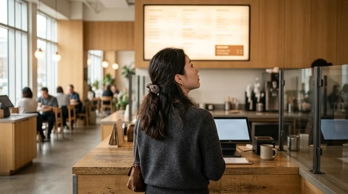 A Korean customer views an out-of-focus large display from behind in a well-organized cafe interior.