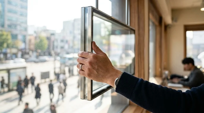 A Korean marketer's hand adjusting a sleek transparent digital signage unit near a sunlit window.
