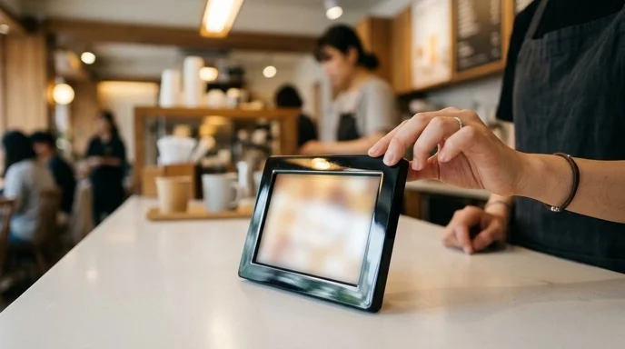 A Korean cafe worker's hand adjusting a small display frame on a white counter.