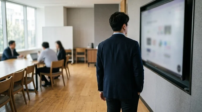 A Korean male attendee stands in a meeting room looking at a wall-mounted large display with out-of-focus content.