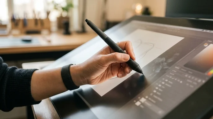 A woman's hand resting on a large display while holding a digital stylus.