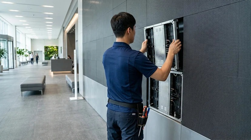 A Korean technician assembling a custom panel onto a large screen on a lobby wall, viewed from behind.