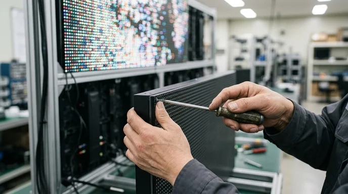 A maintenance worker's hands using a screwdriver to detach a matte black LED cabinet from a wall frame.