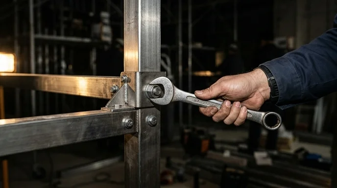 A technician's hand using a wrench to secure a steel screen frame structure.