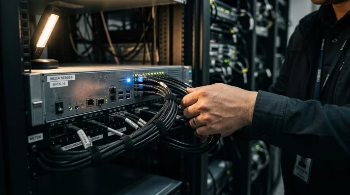 A technician's hand arranging cables of a media server mounted on a rack.