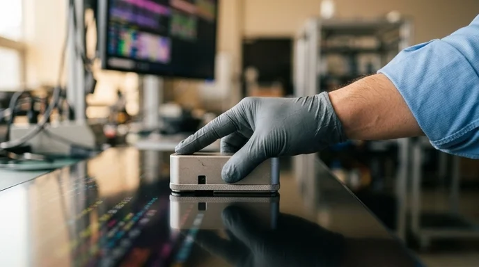Close-up of a Korean technician's gloved hand holding a calibration device against a large display surface.