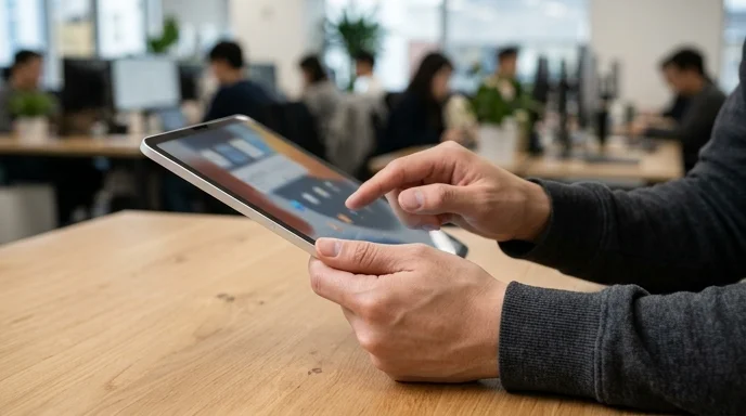 Two hands of a Korean operator holding and tapping a tablet on a desk.