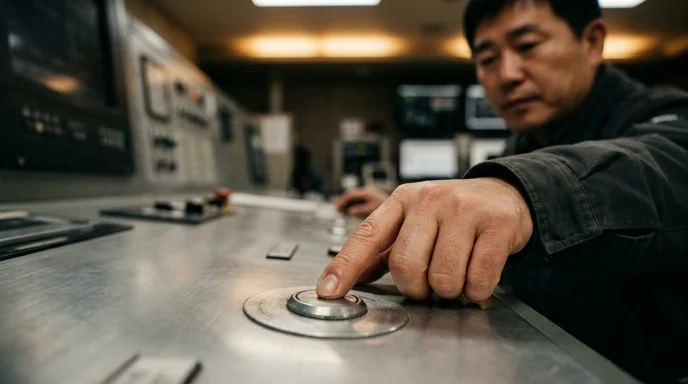 A Korean technician's hand pressing a button on a scratched aluminum control console.