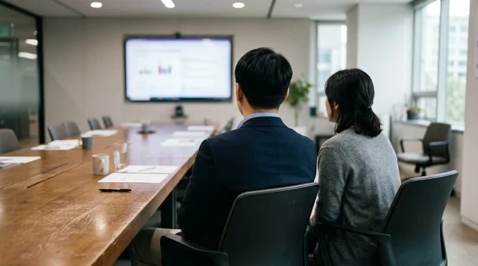 Two Korean colleagues seen from behind sitting at a conference table and looking at a large display.