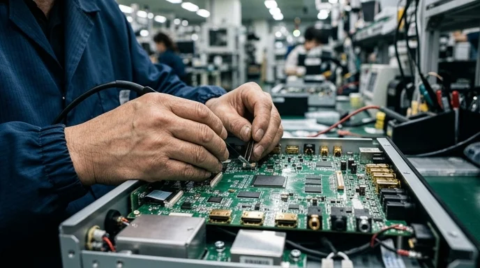 A Korean worker's hands inspecting the internal components of an AV processor on an assembly line.