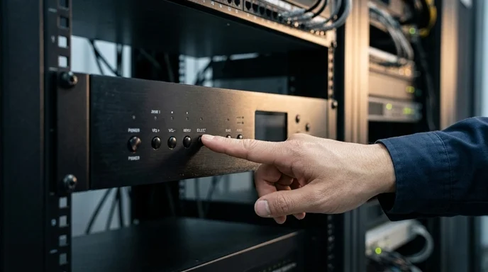 A technician's hand pressing a front button on an AV processor mounted in a rack.