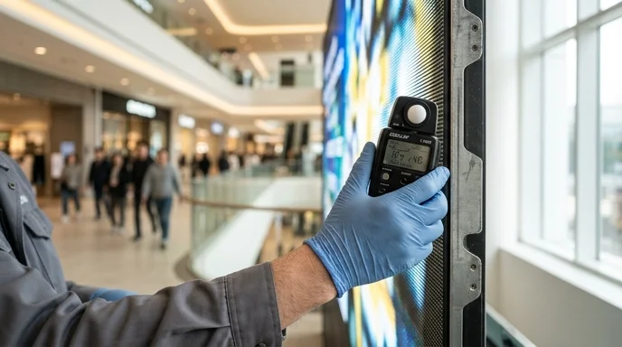 A gloved hand holding a light meter near the matte surface of an LED cabinet.
