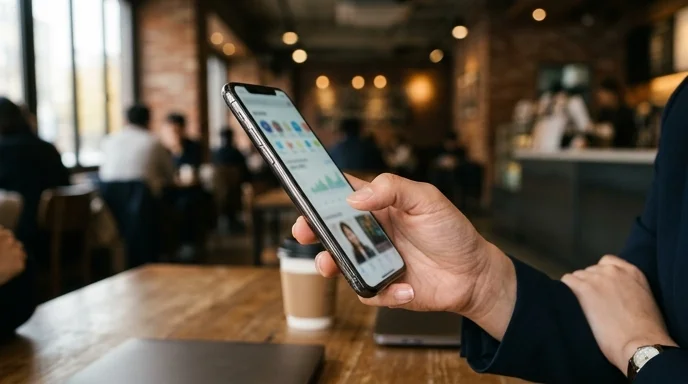 A marketer's hand swiping on a sleek smartphone screen with the display content out of focus.