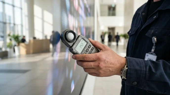 A Korean technician's hand holding a digital light meter against a large screen in a bright lobby.