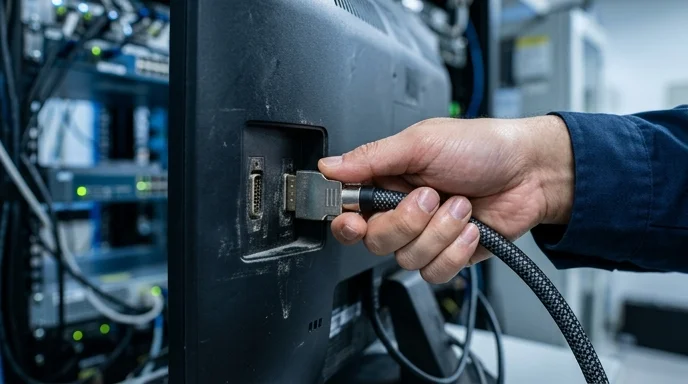 A Korean IT technician's hand adjusting thick black cable connectors behind a monitor.