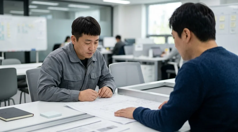Two Korean technicians reviewing a printed load-bearing blueprint next to an aluminum screen frame on a table.