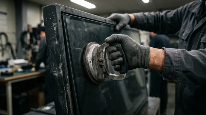 A hand carefully pulling the front module panel using a vacuum suction cup.