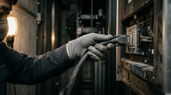 Close-up of a gloved hand inserting a flexible communication cable into the port of a large display in a dark shaft.