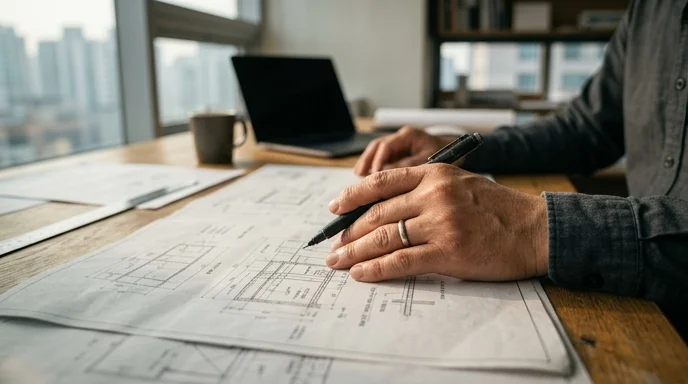 A Korean planner's hands pointing at a structural safety blueprint for digital signage on a desk.