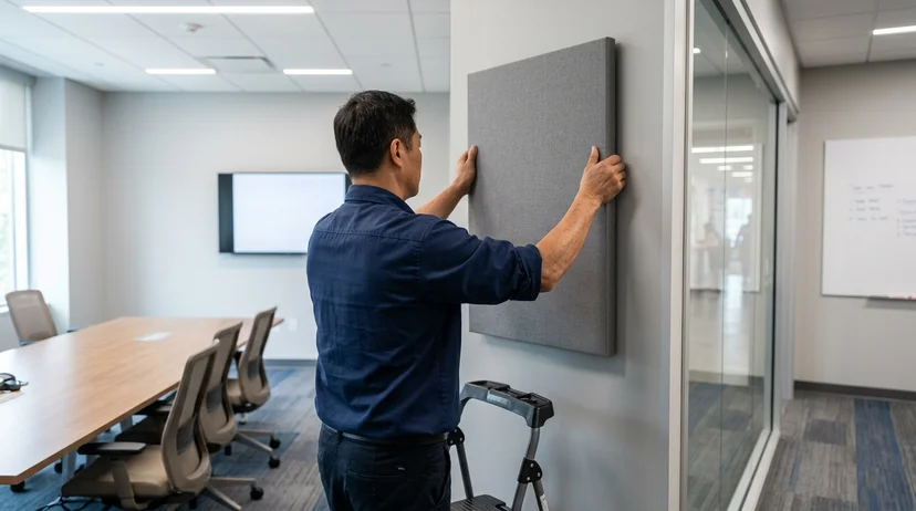 A Korean male technician seen from the back placing an acoustic panel on a meeting room wall.