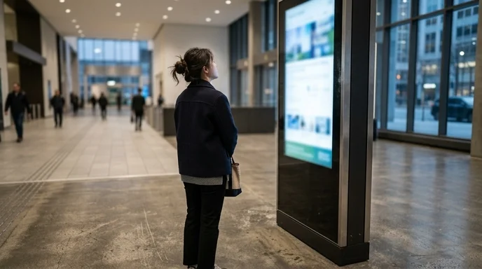A Korean woman from behind looking at a vertical digital signage pillar in a spacious lobby.