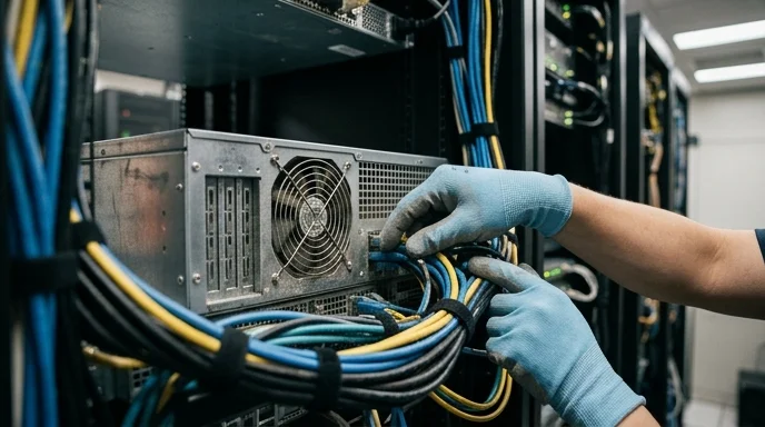 A Korean engineer's gloved hand organizing cables behind a media server in a dimly lit rack.