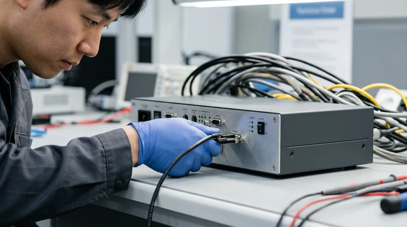 A technician's gloved hand inserting a sensor cable into a controller port under clean overhead light.