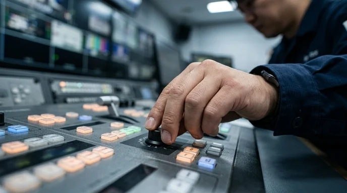 A Korean technician's hand adjusting dials on a video controller unit in a control room.