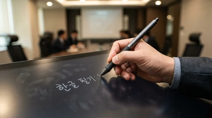 Close-up of a Korean professional's hand writing on a large matte screen with a stylus.