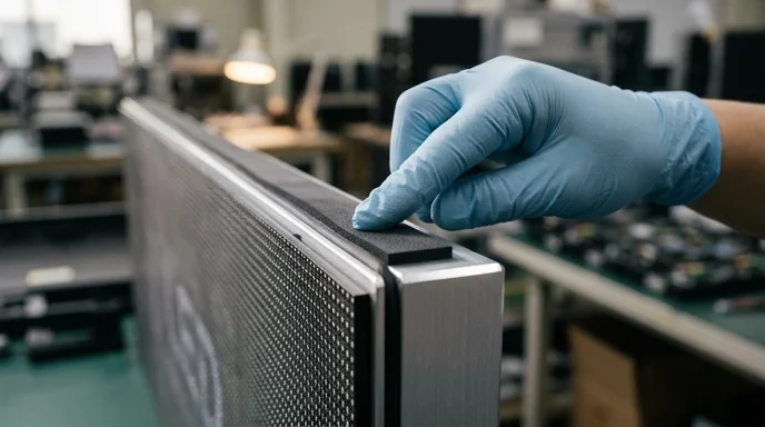 A Korean technician's gloved hand checking the rubber seal on the edge of an LED cabinet.