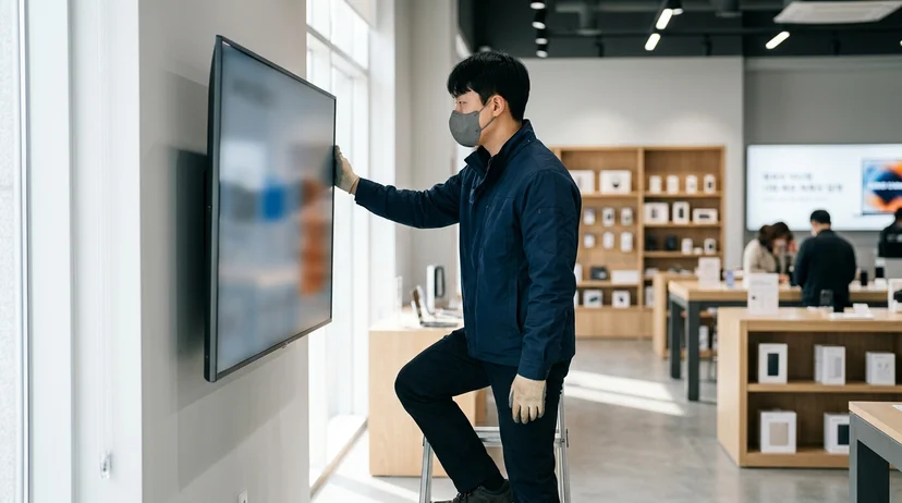 A Korean technician viewed from the side checking a large screen on a retail store wall.