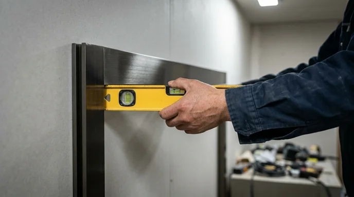 A Korean installer's hand holding a spirit level against a screen frame.
