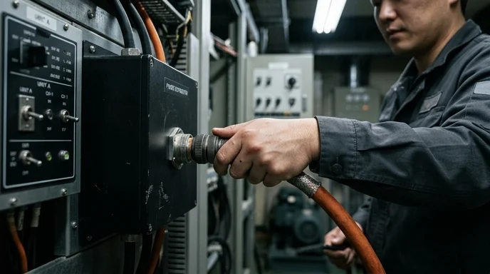 A hand plugs a cable into a dedicated power distributor box.