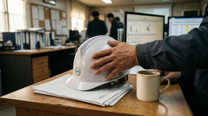 A Korean site manager's hand adjusting a safety helmet next to documents.