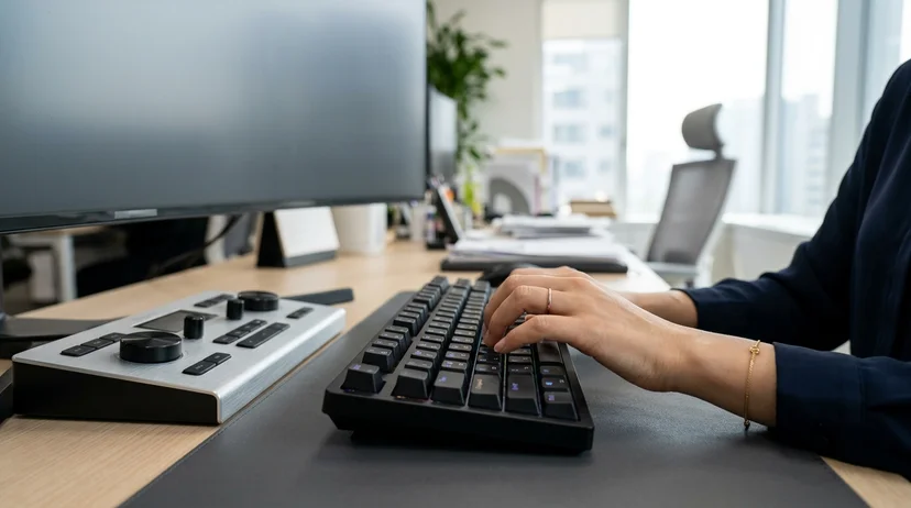 A Korean administrator's hand typing on a keyboard to set up controller schedules.