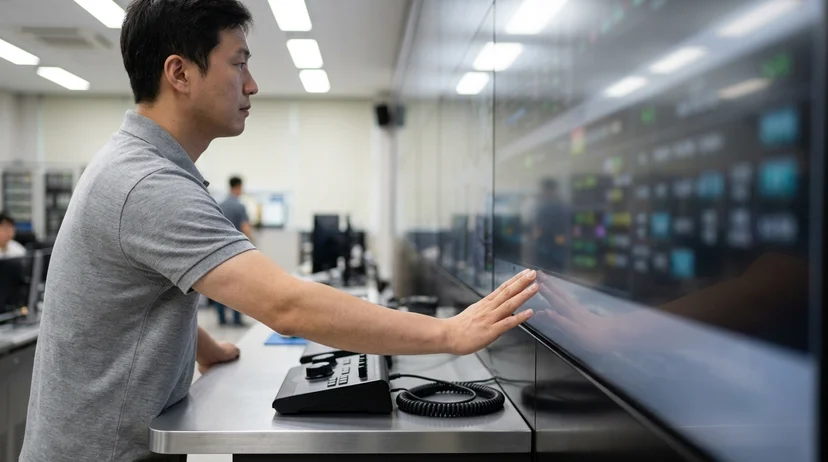 A Korean technician in a control room resting his hand on the seamless surface of a large display viewed from the side.
