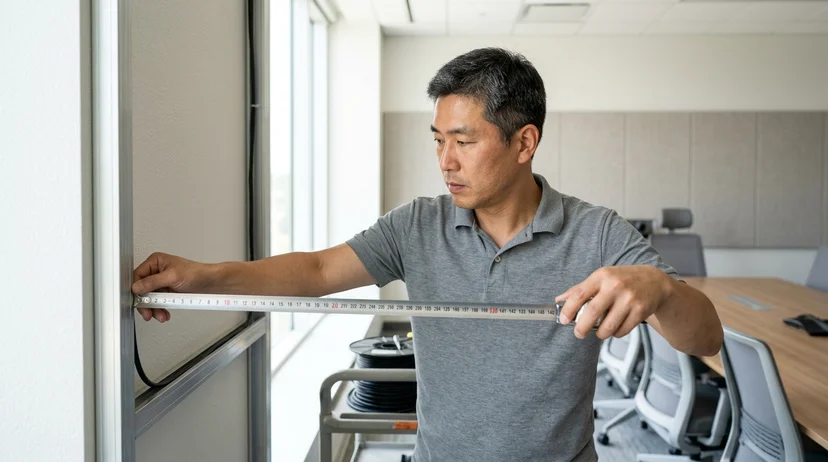 A technician using a metal tape measure along a meeting room wall frame to measure a cable routing path.