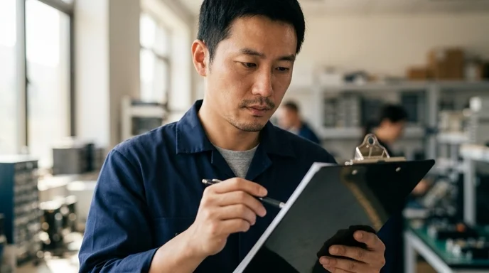 A Korean technician holding a pen to check a printed hardware specification list on a clipboard.