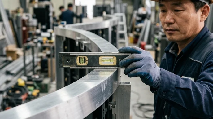 A Korean technician's gloved hand holding a spirit level against a curved metallic screen frame.