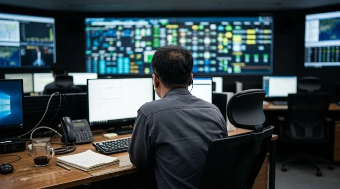 An operator sitting at a desk looking at a large wall-mounted status board in a control room.
