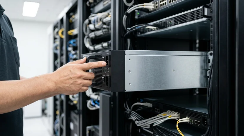 A Korean technician's hand gently touching the dual power supply module on the back of a media server.