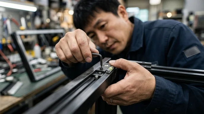 A Korean technician's hands adjusting the level of a screen frame joint with precision.