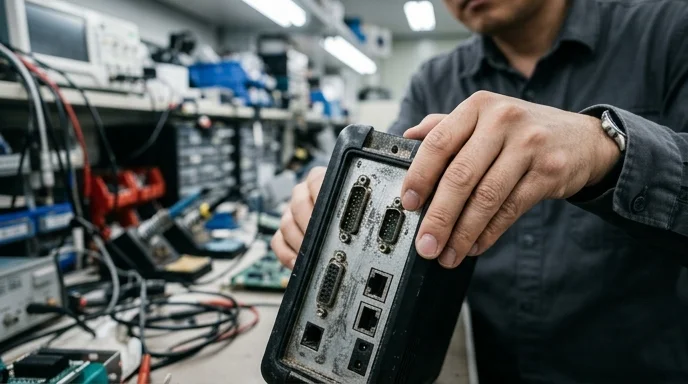 A Korean engineer's hand examining the rear ports of a controller unit.