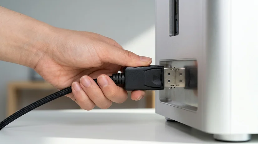 A Korean staff member's hand inserting a media server video connector into a computer port.