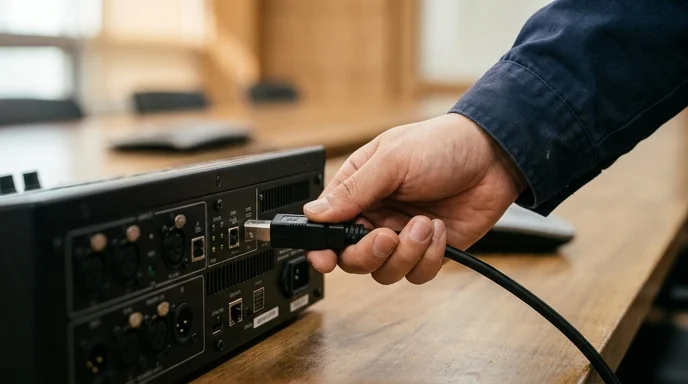 A Korean technician's hand inserting a single thick cable into the back port of a controller.
